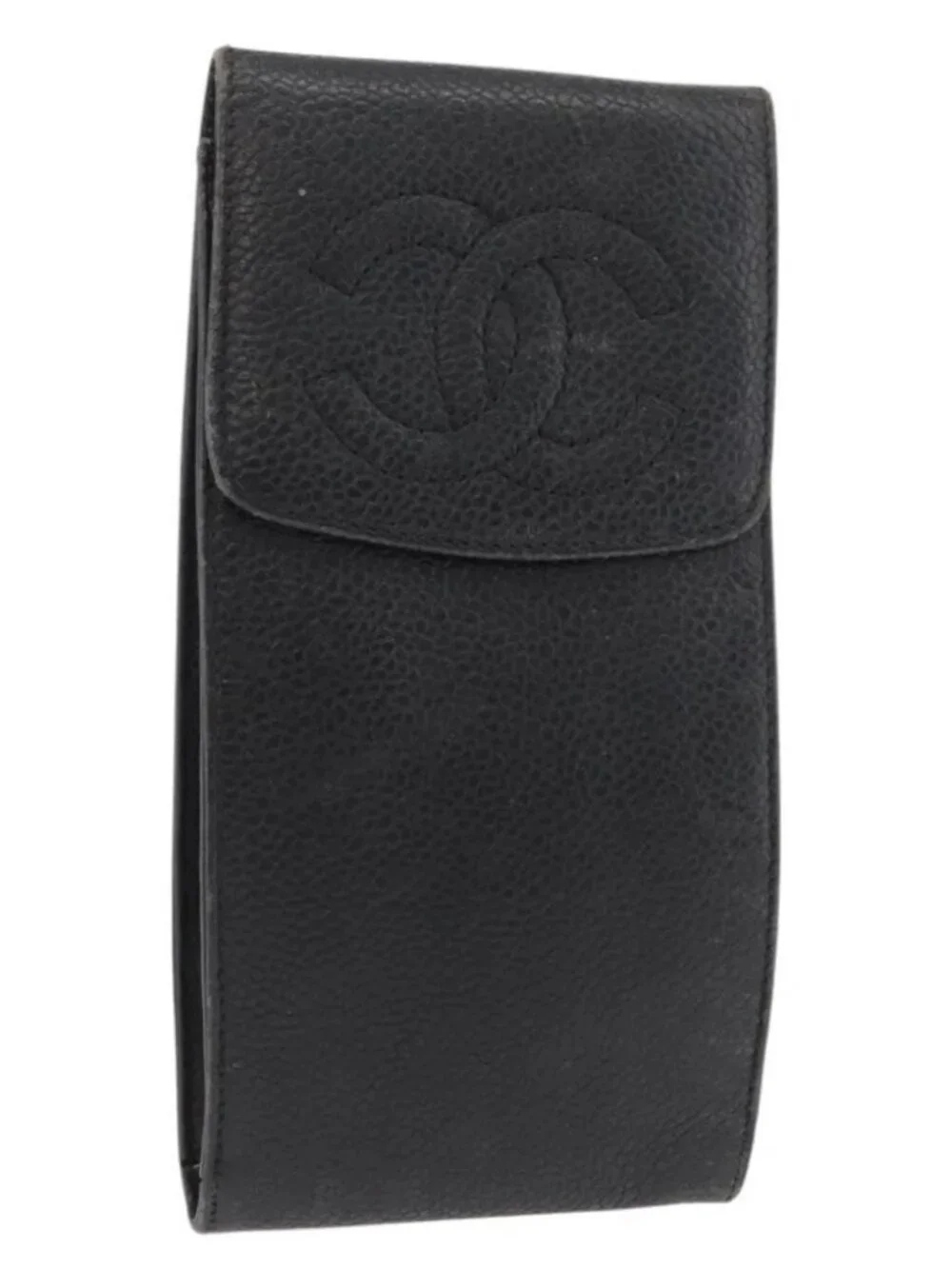 CHANEL Glasses Case Grained Calf Skin Black Gold CC Auth am11661